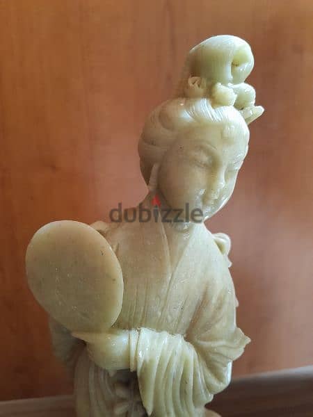 Vintage celadon soapstone hand carved statue GuanYin,marble base. 5