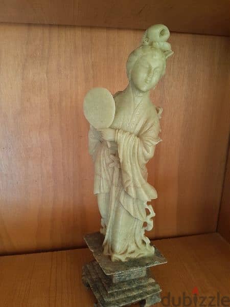 Vintage celadon soapstone hand carved statue GuanYin,marble base. 8