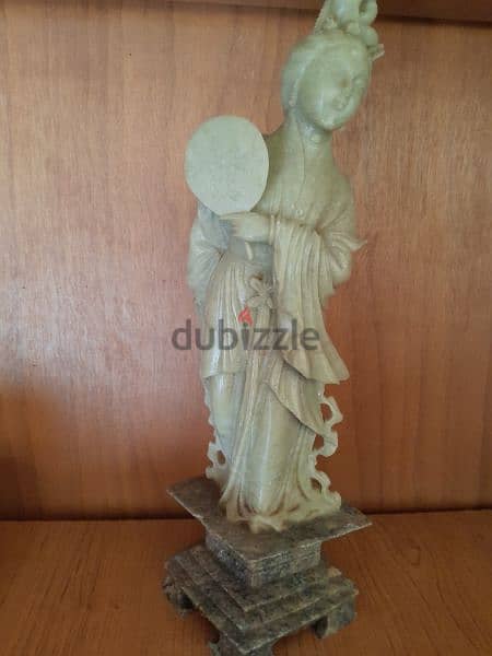 Vintage celadon soapstone hand carved statue GuanYin,marble base. 10