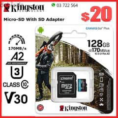 micro sd 128gb 170mb/s v30 u3 kingston