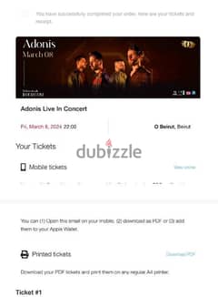 2 golden Adonis tickets @ ô beirut 8th March