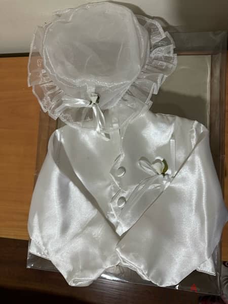 newborn baptism set dress with blazer and hat طقم عمادة 1