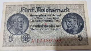 Nazi German Banknote Five Reich Mark WW II Hitler Era with Sawastica