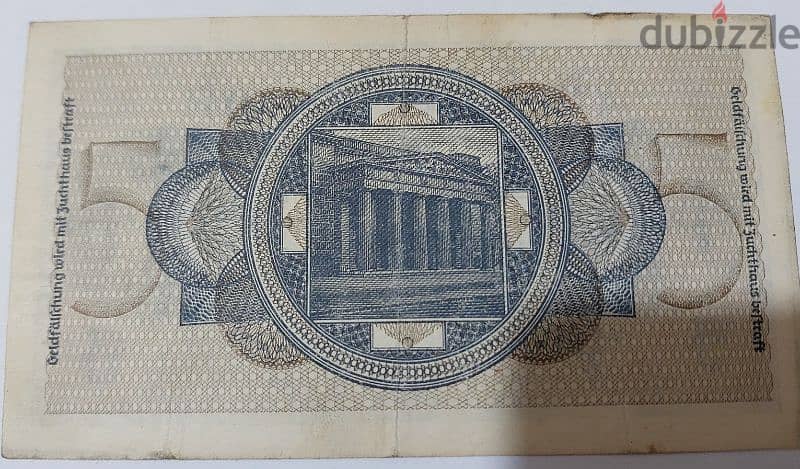 Nazi German Banknote Five Reich Mark WW II Hitler Era with Sawastica 1
