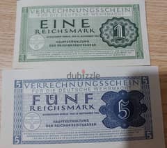Nazi German set of two Banknotes 1 &5 Reich Mark WWII Hitler year 1944 0
