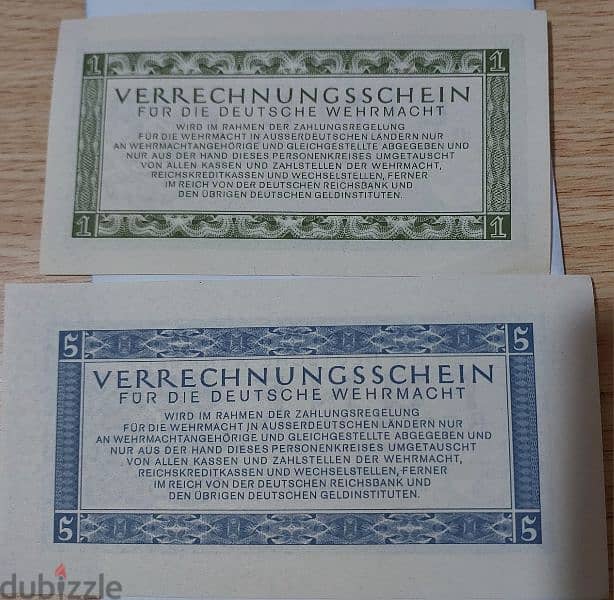 Nazi German set of two Banknotes 1 &5 Reich Mark WWII Hitler year 1944 1