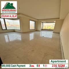 690,000$ Cash Payment!! Apartment for sale in Zoukak Al Blat!! 0