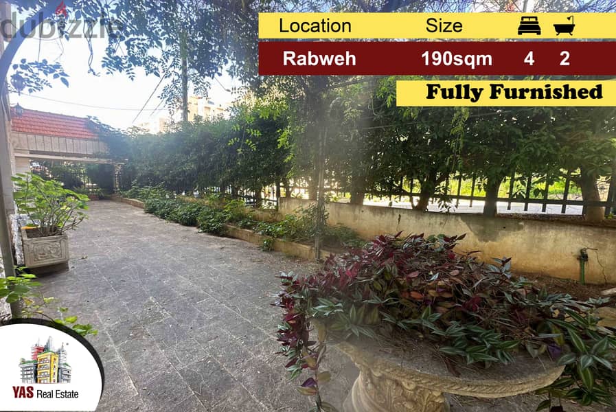 Rabweh 190m2 | 110m2 Garden | Furnished | Calm Area |Prime Location|MJ 0