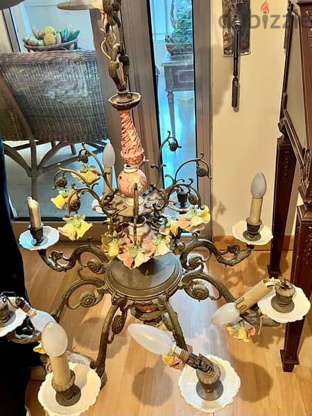 Old chandelier brass and porcelain 1