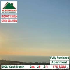 600$/Cash Month!! Apartment for rent in Mazraat Yashouh!!