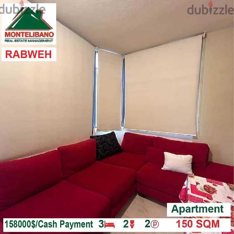 158,000$ Cash Payment!! Apartment for sale in Rabweh!! 1