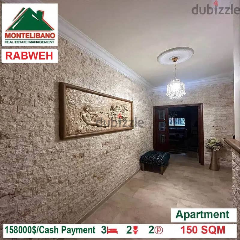 158,000$ Cash Payment!! Apartment for sale in Rabweh!! 2