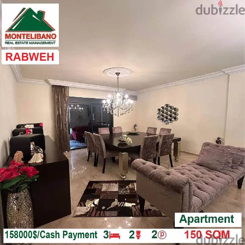 158,000$ Cash Payment!! Apartment for sale in Rabweh!! 3