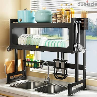 2-Layer Dish Drying Rack, Steel with Door, Black