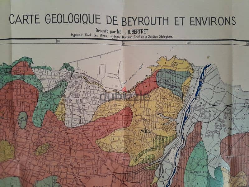 Geological map of Beirut,Dubertret 1945 layout Beirut faults etc. فوالق 0