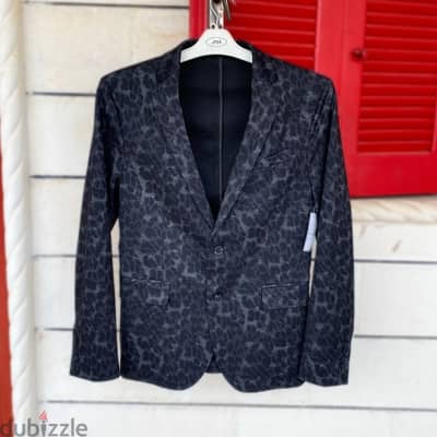 J. FERRAR Black & Grey Leopard Slim Fit Blazer Jacket.