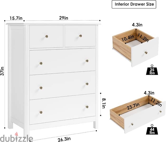 White Dresser with 5 Drawers, Tall Dresser Chest of Drawers 1