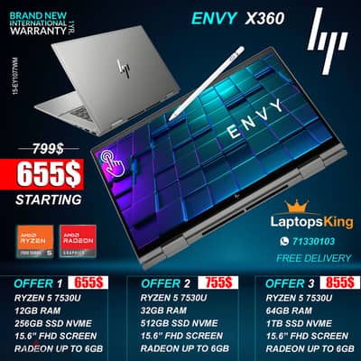 HP ENVY X360 15-EY1077WM RYZEN 5 7530U RADEON VGA TOUCH 2in1 LAPTOP