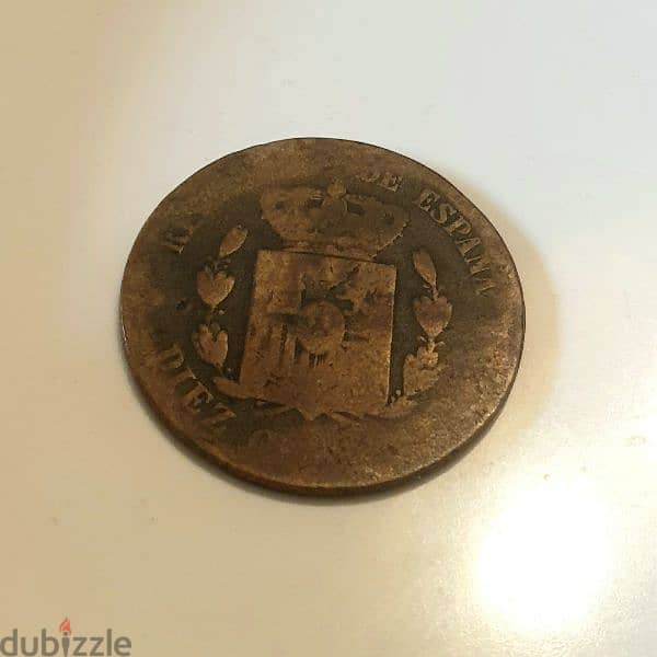 1878 Spain Alfonso XII Diez Centimos bronze coin 1