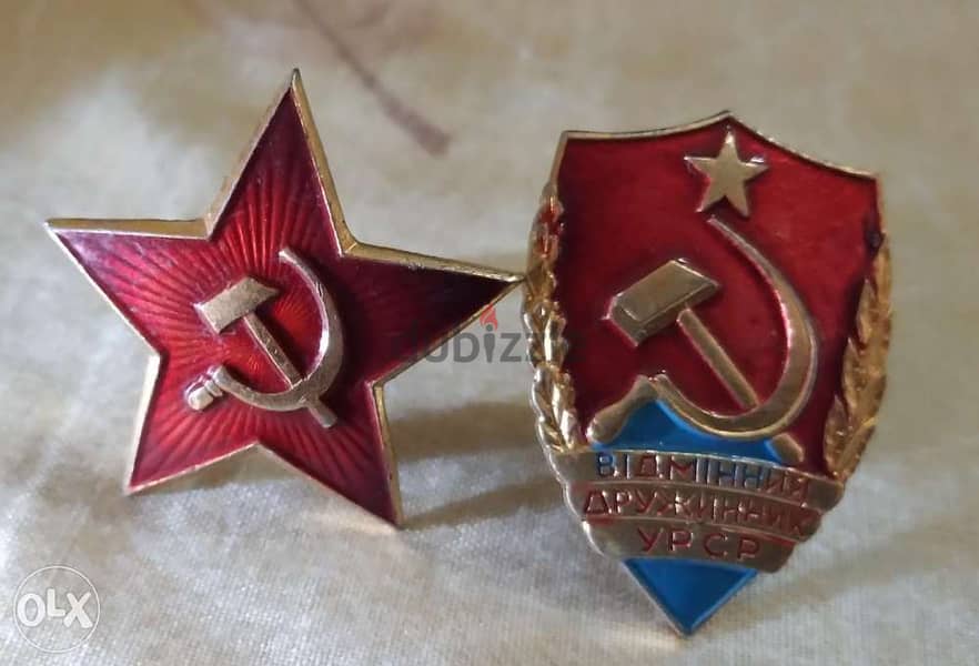 Two USSR Soveit Union Pins Star Soveit star & Soveit Sheild 0