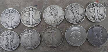 set of ten Silver USA Half Dollars walking Liberty& Franklin