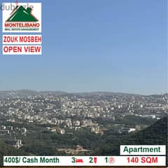 400$/Cash Month!! Apartment for rent in Zouk Mosbeh!! Open View!! 0