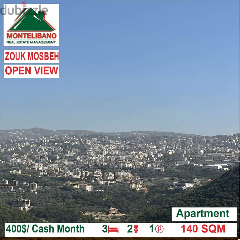 400$/Cash Month!! Apartment for rent in Zouk Mosbeh!! Open View!! 0