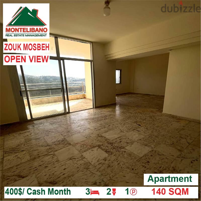 400$/Cash Month!! Apartment for rent in Zouk Mosbeh!! Open View!! 1