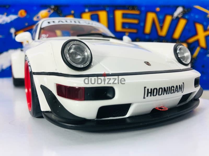 1/18 diecast GT Spirit Porsche 911 RWB 964 HOONIGAN Wht/Red Rims. 4