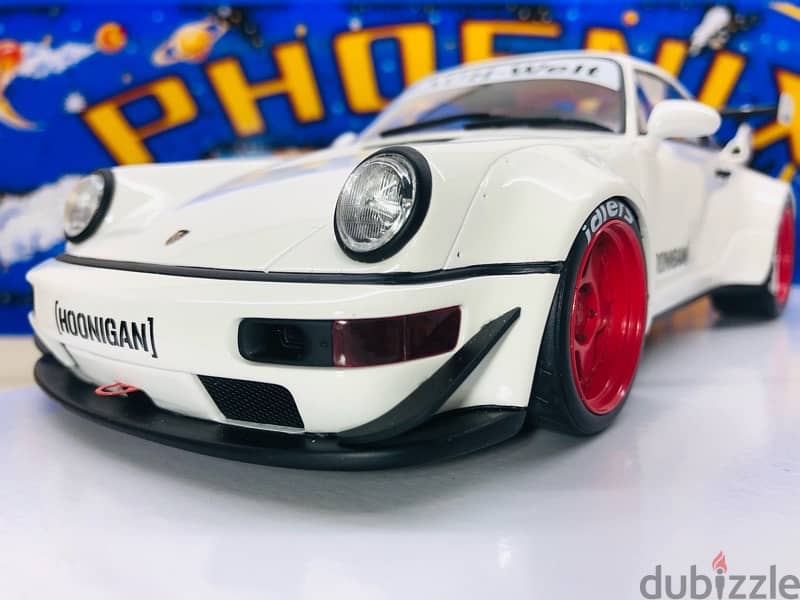 1/18 diecast GT Spirit Porsche 911 RWB 964 HOONIGAN Wht/Red Rims. 6