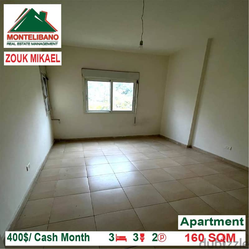 400$/Cash Month!! Apartment for rent in Zouk Mikael!! 2