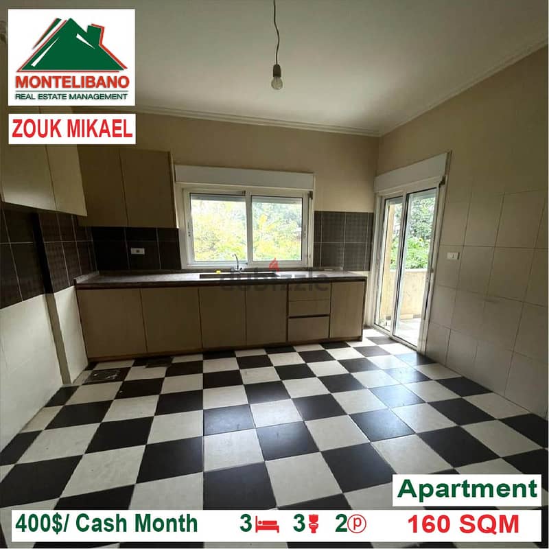400$/Cash Month!! Apartment for rent in Zouk Mikael!! 3
