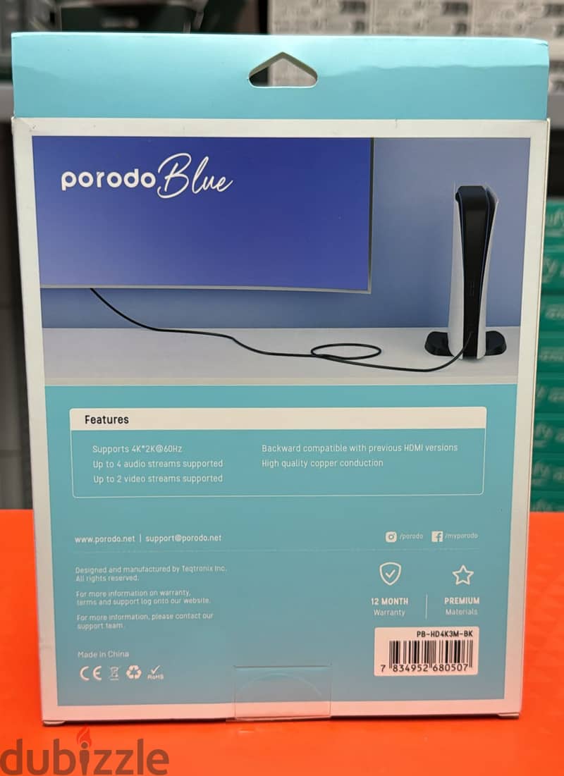 Porodo blue 4k hdmi cable 3m Exclusive offer & original price 1