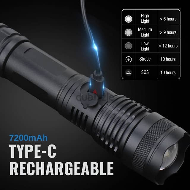 Tactical Torch Light, Bright 7200mAh Flashlight, Metal 16.6cm 1