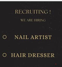 we are hiring for salon Sami kasspation hairdresser  and nail artist