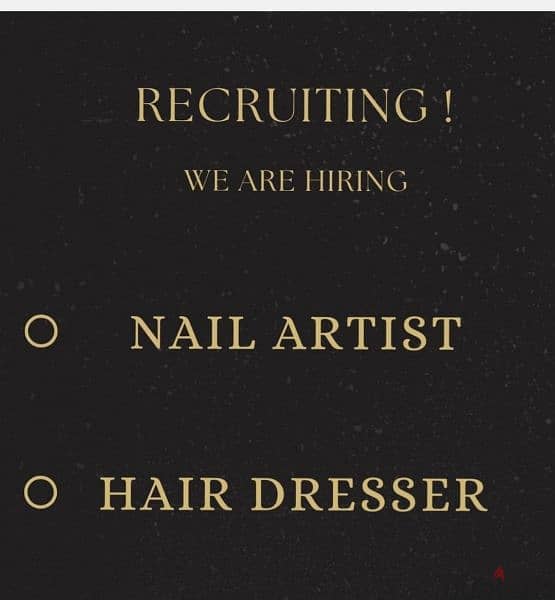we are hiring for salon Sami kasspation hairdresser  and nail artist 0