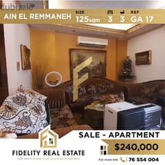 Apartment for sale in Ain el remmaneh GA17
