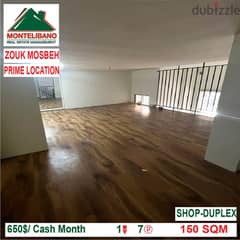 650$/Cash Month! Shop Duplex for rent in Zouk Mosbeh! Prime Location!