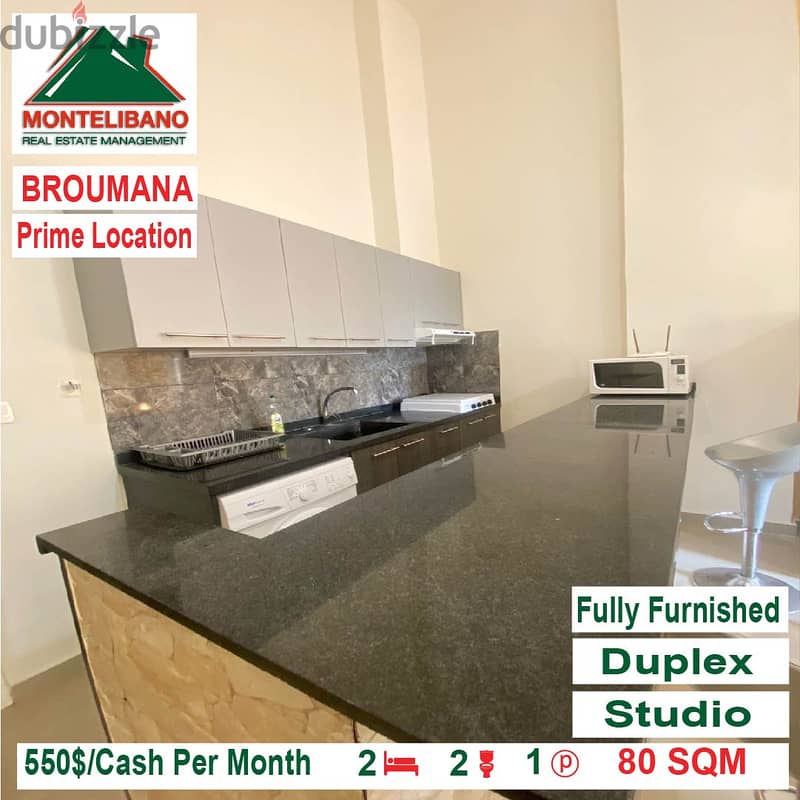 550$ Prime Location Fully Furnished Duplex Studio for rent in Broumana 2
