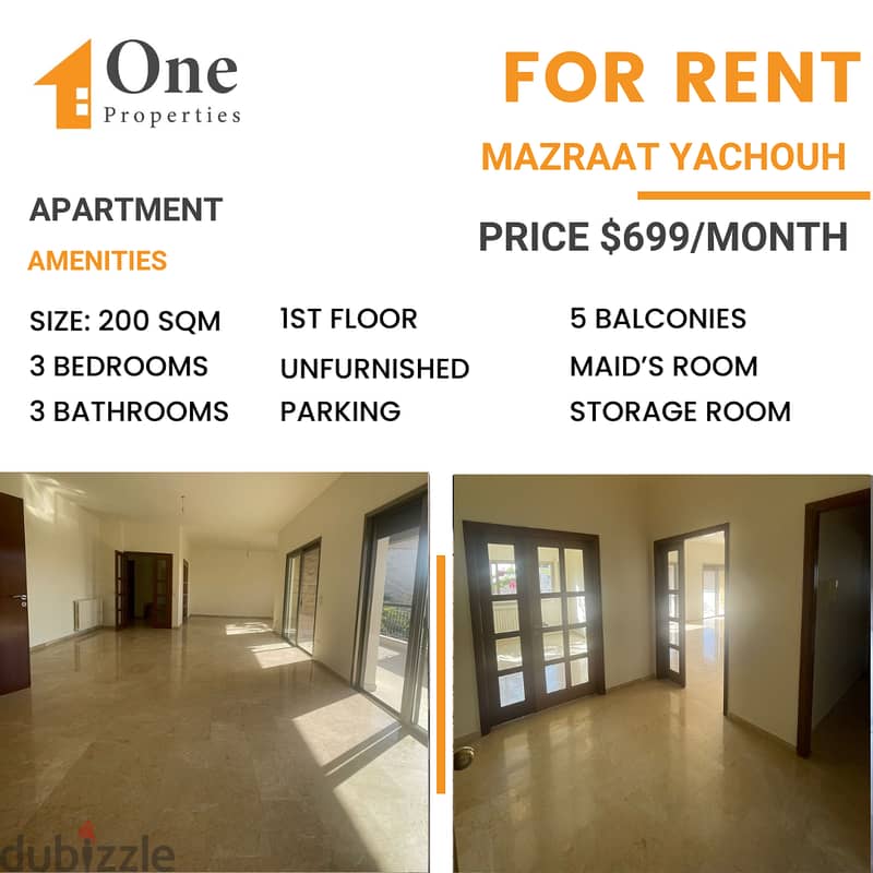 Spacious apartment for rent in MAZRAAT YACHOUH / METN. 0