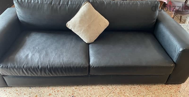 black leather - 2 seater couch + light brown couch and pouf 0