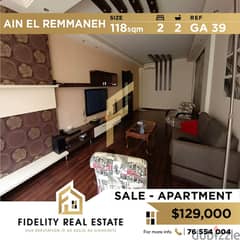 Apartment for sale in Ain el remmaneh GA39