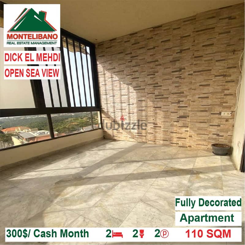300$/Cash Month!! Apartment for rent in Dick El Mehdi!! Open Sea View! 1