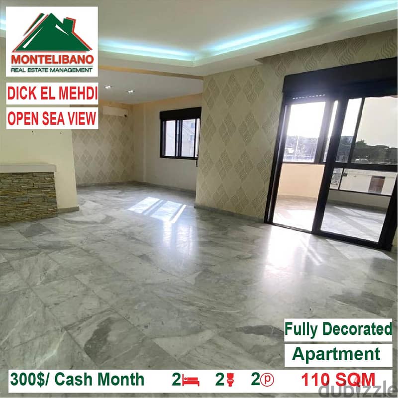 300$/Cash Month!! Apartment for rent in Dick El Mehdi!! Open Sea View! 2