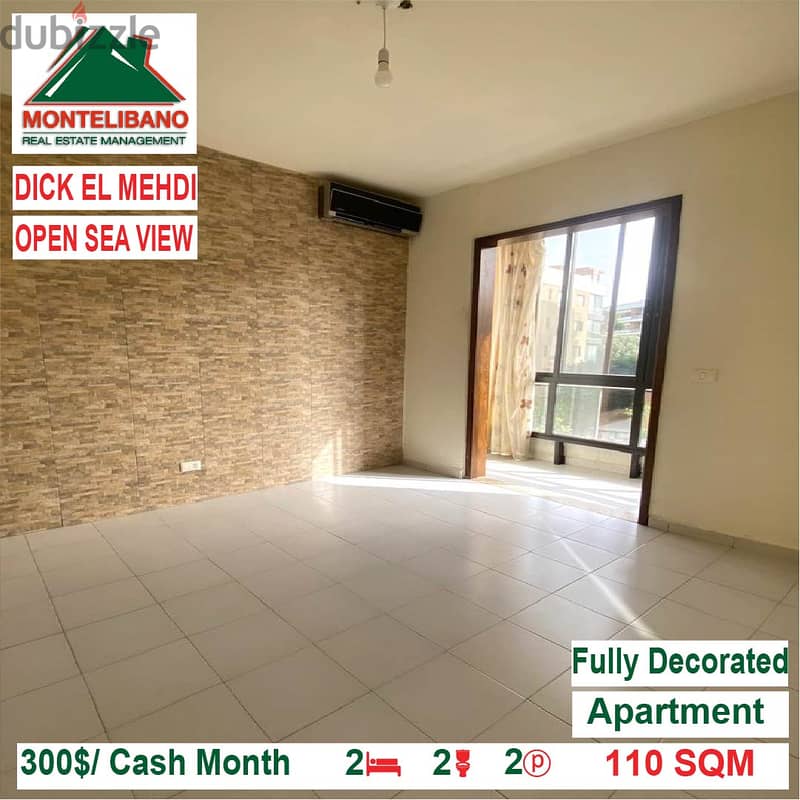 300$/Cash Month!! Apartment for rent in Dick El Mehdi!! Open Sea View! 3