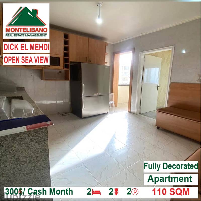 300$/Cash Month!! Apartment for rent in Dick El Mehdi!! Open Sea View! 4