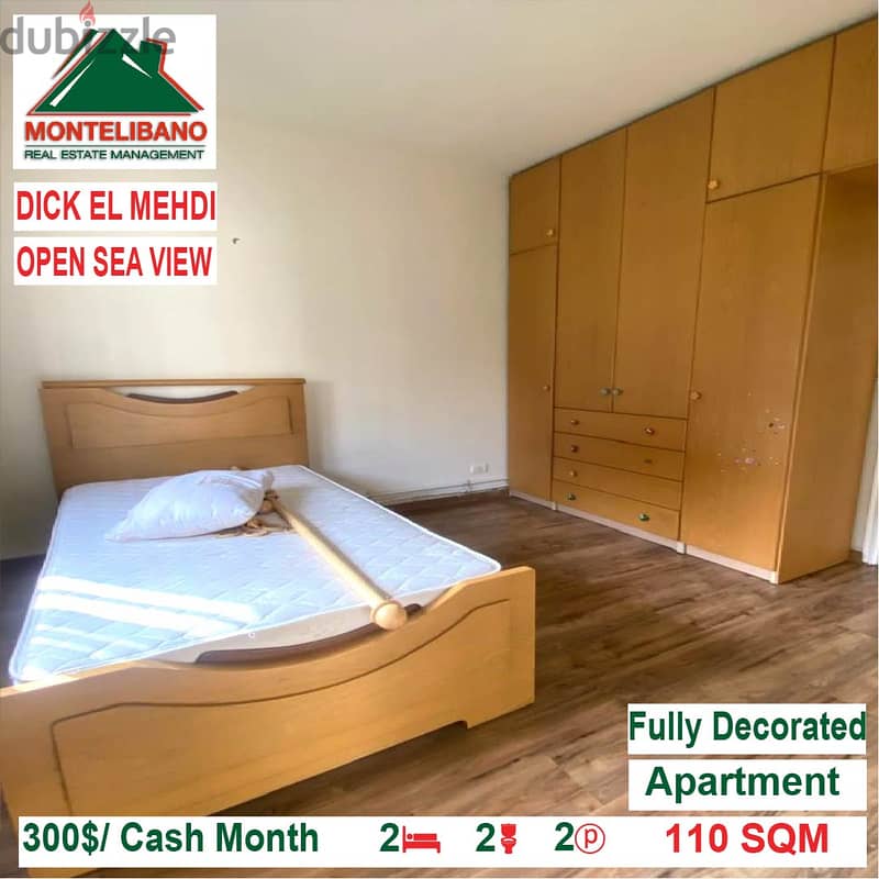 300$/Cash Month!! Apartment for rent in Dick El Mehdi!! Open Sea View! 5