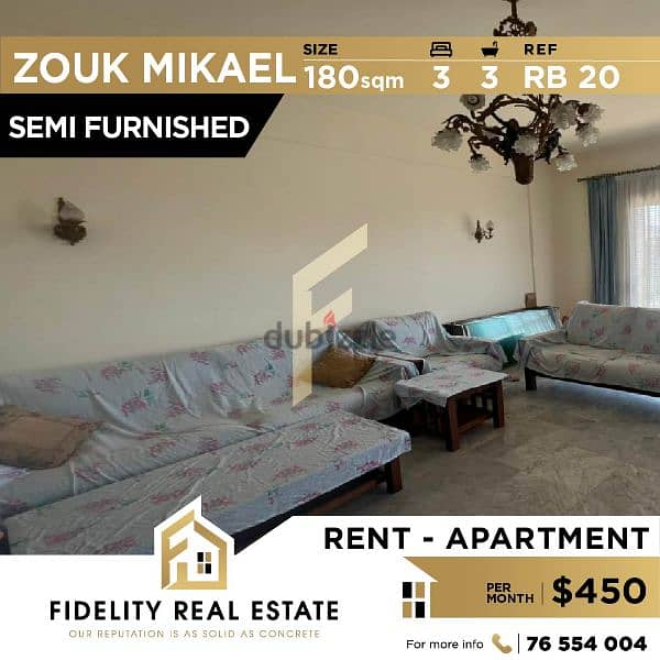 Apartment semi furnished for rent in Zouk Mikael RB20 0