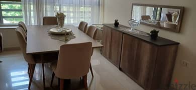 full dining  room with 6 chairs with dressoir