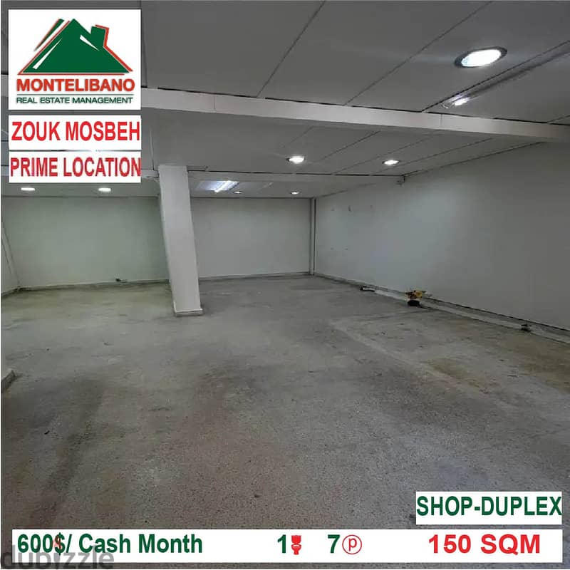 600$/Cash Month! Shop Duplex for rent in Zouk Mosbeh! Prime Location! 1